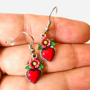 Frida Earrings, Heart Earrings, Hand Painted Heart Earrings, Silver HandPainted Heart Earrings, Mexican Jewelry, Corazon Aretes, Heart Charm image 8