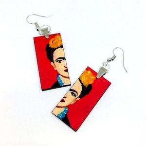Frida Earrings, Red Hand Painted Wooden Frida Earrings, Wearable Art, Women Earrings, Mexican Jewelry, Girl Frida Fans Gift, Frida Inspired