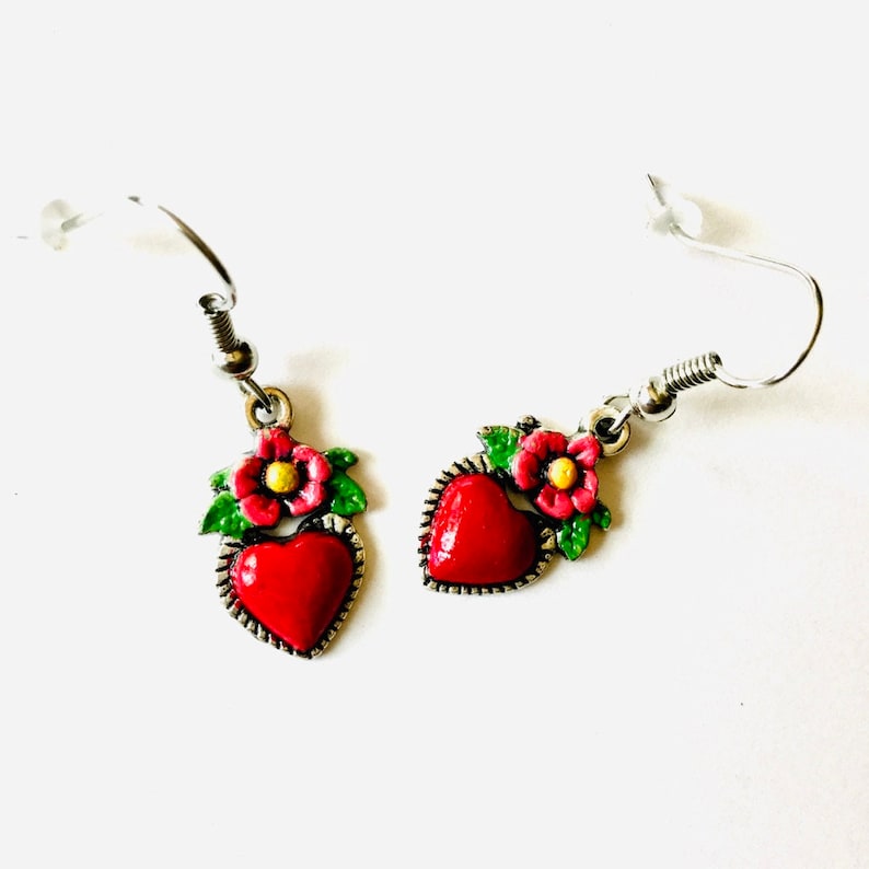 Frida Earrings, Heart Earrings, Hand Painted Heart Earrings, Silver HandPainted Heart Earrings, Mexican Jewelry, Corazon Aretes, Heart Charm image 4