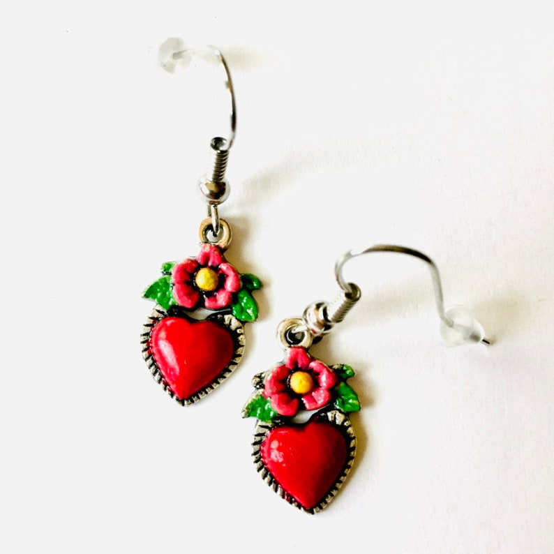 Frida Earrings, Heart Earrings, Hand Painted Heart Earrings, Silver HandPainted Heart Earrings, Mexican Jewelry, Corazon Aretes, Heart Charm image 3