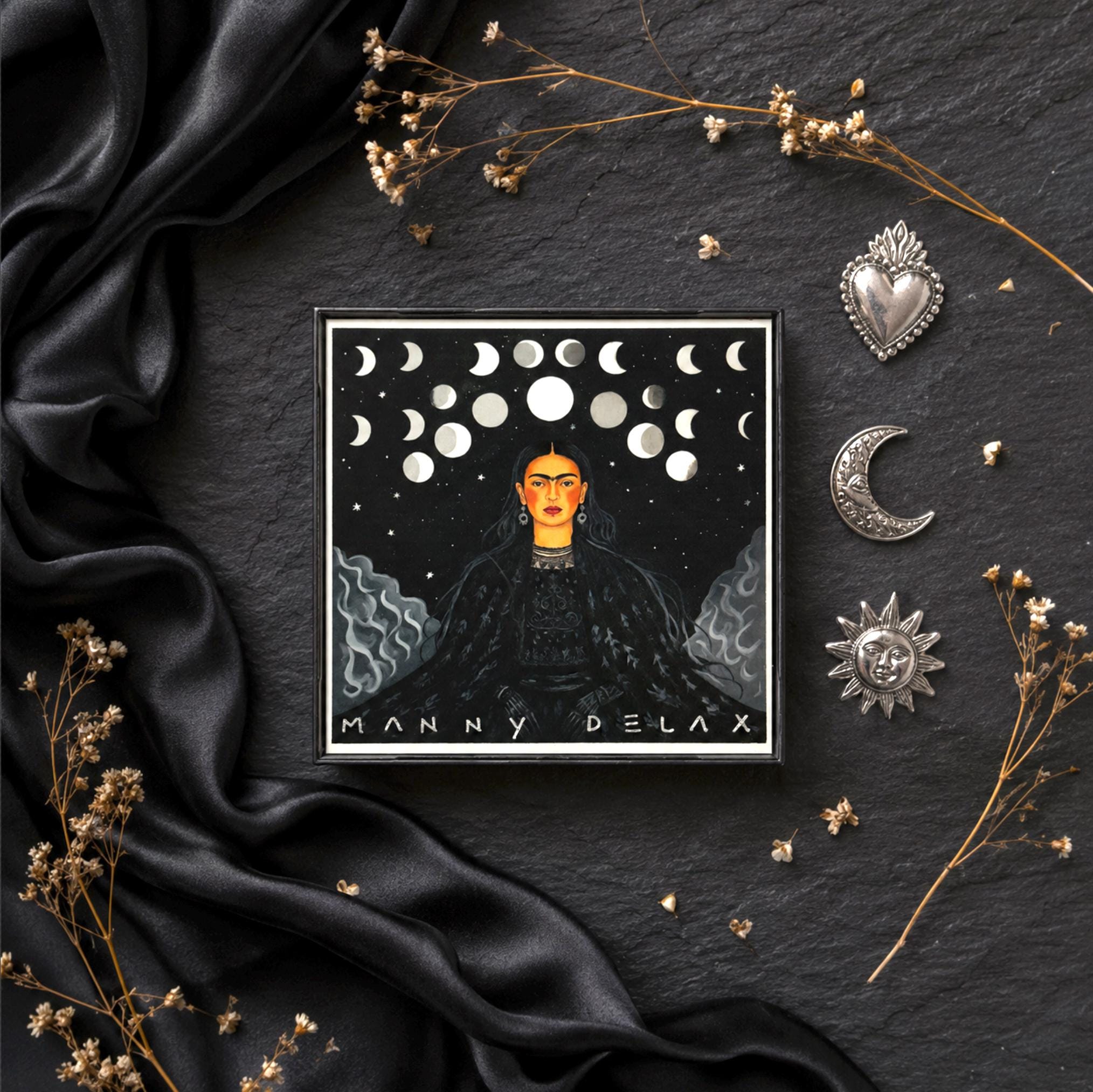 Frida Inspired Moon Phases Wall Art Mini Framed Print [4" x 4"] Celestial Artwork Decor Mystic Boho Mexican Folk Art Spiritual Feminine Gift product image