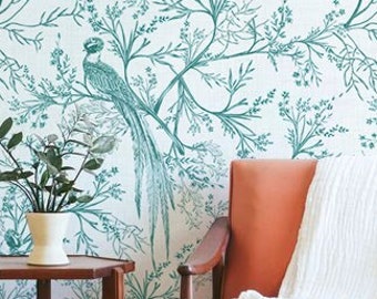 Timeless garden wallpaper, Chinoiserie wall paper, Bird and trees print, Chinese #236
