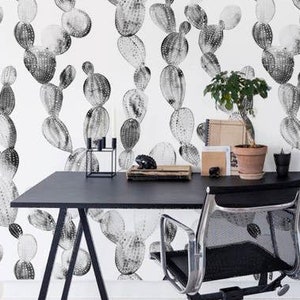 Carta da parati Cactus, Carta da parati rimovibile in bianco e nero, Murale Cactus, Stampa artistica, Cactus, Murale Boho, Arte murale minimalista #23