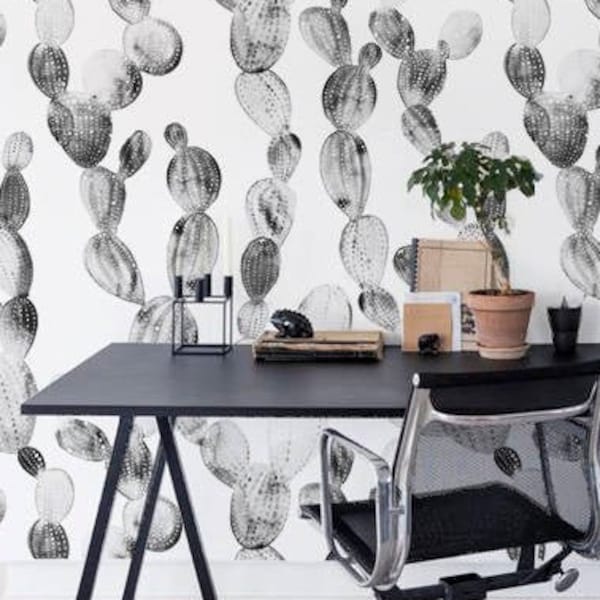 Black White Cactus Wallpaper Etsy