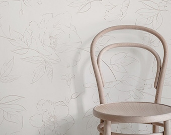 Soft lines art wallpaper, Tan, taupe wall mural, Delicate flowers print, Floral print #237