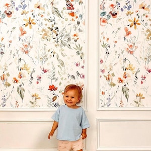 WIld flowers removable wallpaper, Garden flowers wall mural, Watercolor, Bright wallpaper, Colorful wall decor, Wall decals #41
