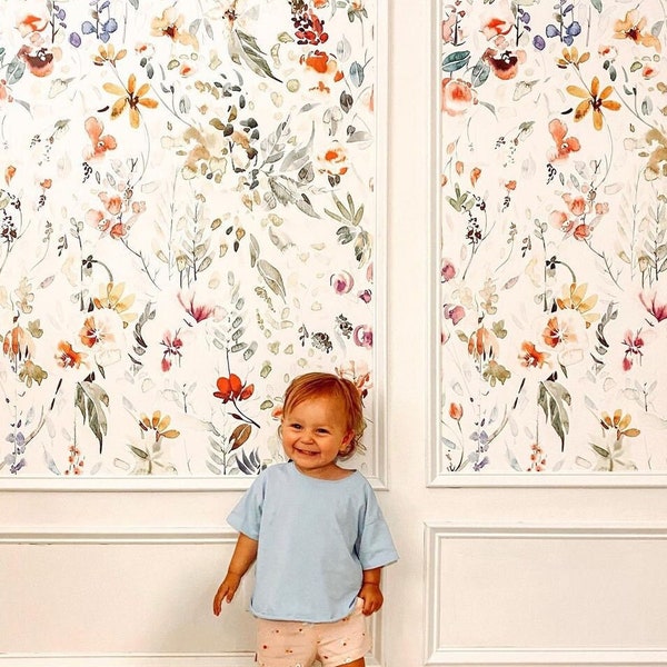 WIld flowers removable wallpaper, Garden flowers wall mural, Watercolor, Bright wallpaper, Colorful wall decor, Wall decals #41