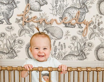 Woodland wallpaper, Animal wallpaper, Forest animals wall mural, Vintage nursery wallpaper, Rabbit, Squirell, Hedgehog #148