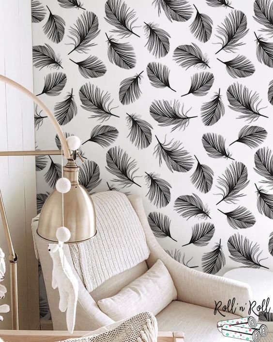 Black and White Feathers Wallpaper, Minimalist Pattern Print, Feather ...