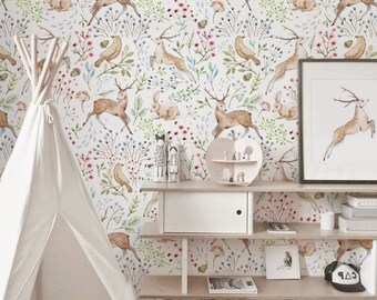 Woodland wallpaper, Light woodland animals wall decor, Nursery woodland wall mural, Animals, Delicate wallpaper, Baby room decor #102