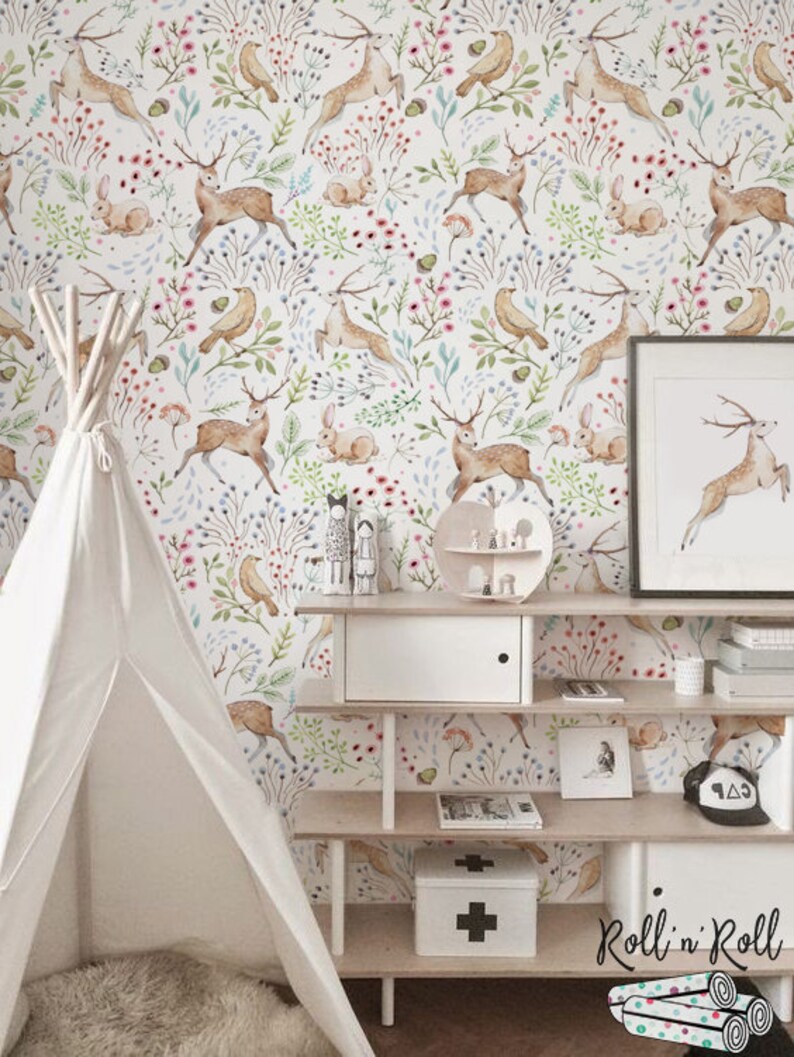 Woodland Wallpaper Light Woodland Animals Wall Decor Nursery Etsy