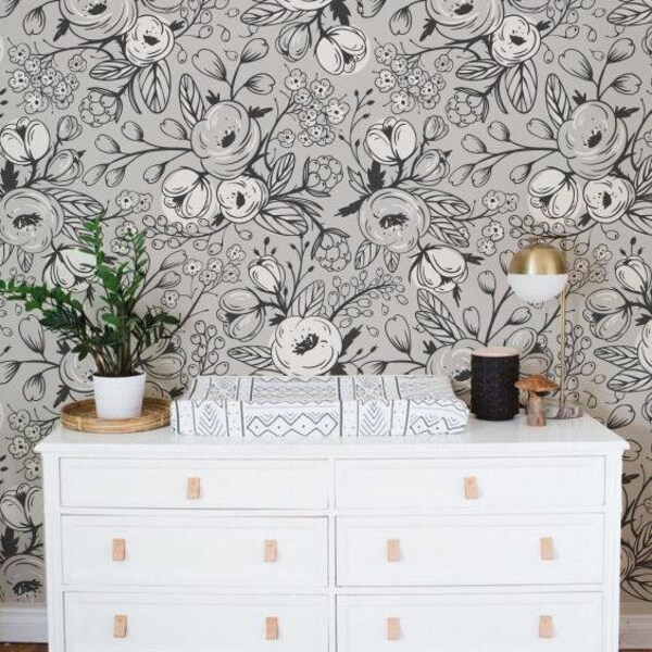 Black and White Poppy Wallpaper Etsy