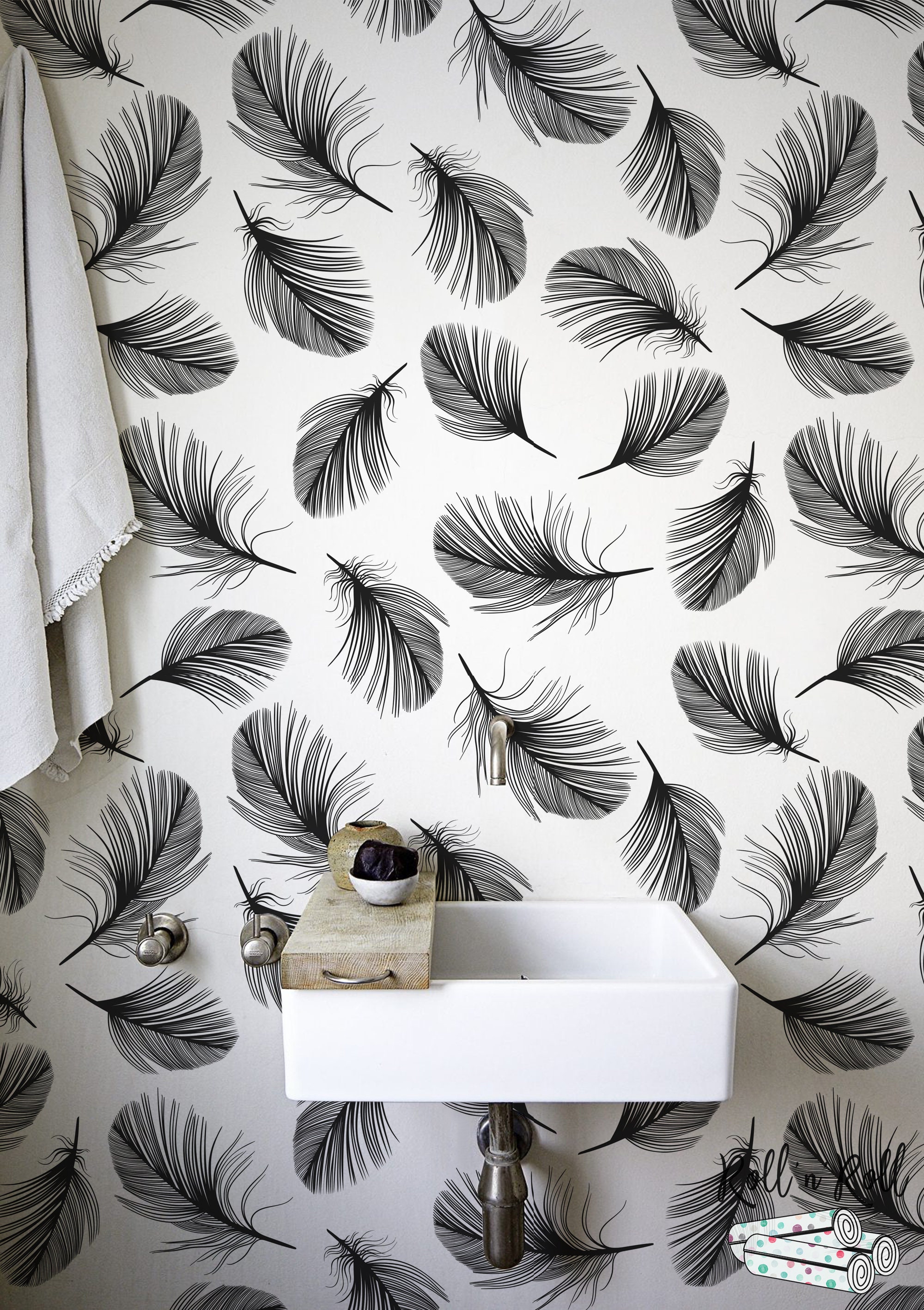 Black and White Feathers Wallpaper, Minimalist Pattern Print, Feather ...