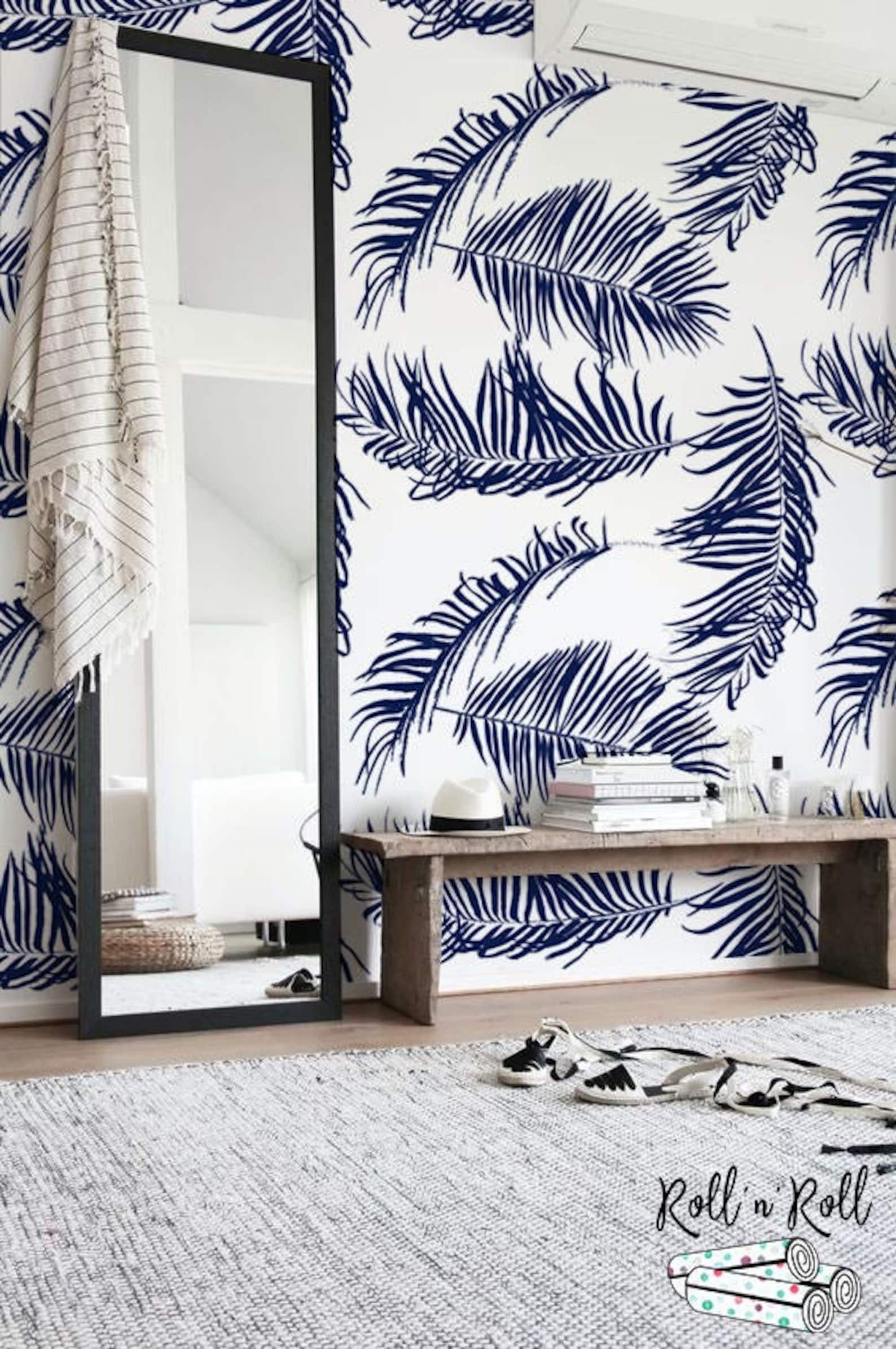 Navy palm leaf wallpaper Tropical leaf wall decor Palm art Etsy