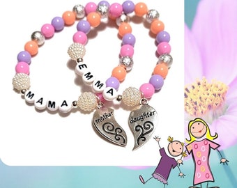 Personalized Mother Daughter Heart Charm Bracelet Set, Back to School Gift, Mom and Me Jewelry, Mom & Child Twinning Gift, Mama Jewelry