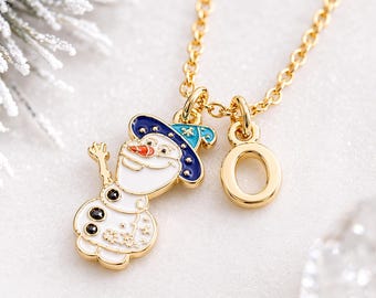 Colar personalizado com boneco de neve, colar com pingente de inicial para crianças, colar de Natal, joia de inverno, joia de boneco de neve, colar com letra personalizada para presente.