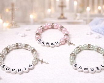 Personalized Cross Charm Bracelet – Baptism Bracelet for Baby – Christening Keepsake Gift – Religious Baby Jewelry – Custom Name Bracelet