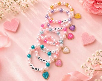 Personalized Heart Charm Name Bracelet,Custom Beaded Bracelet,Kids Valentine Bracelet,Friendship Bracelet,Girls Bracelet,Party Favor,DIY Kit