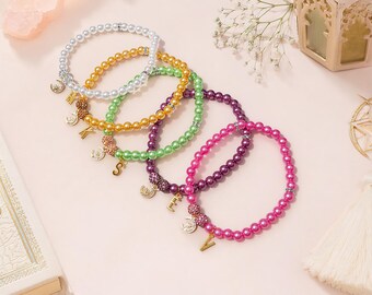 Pulseira Tasbih com 33 contas, Pulseira personalizada para o Eid, Pulseira com pingente inicial para crianças, Pulseira com lua e estrela, Joias para o Ramadã, Presente islâmico