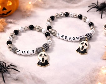 Personalized Ghost Bracelet, Halloween Name Bracelet for Kids, Spooky Ghost Charm Bracelet, Trick or Treat Bracelet, Halloween Party Favors
