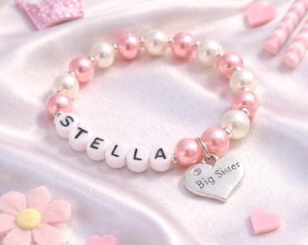 Pulseira personalizada de pérolas para irmã mais velha: pingente de coração, anúncio de irmã.