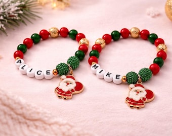 Pulsera de Papá Noel personalizada, pulsera con dijes navideños, pulsera con nombre para niños, regalo navideño, detalle para calcetín navideño, recuerdo para fiesta de Navidad, kit para hacer pulseras.