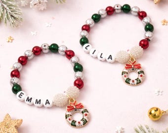 Personalized Christmas Wreath Bracelet, Holiday Charm Bracelet, Kids Name Bracelet, Christmas Gift, Stocking Stuffer, DIY Bracelet Kit