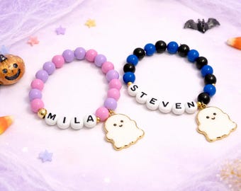 Personalized Halloween Ghost Bracelet, Kids Name Bracelet, Spooky Party Favor, Trick or Treat Gift, DIY Bracelet Kit, Halloween Jewelry