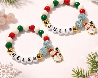 Personalized Snowman Bracelet, Christmas Charm Bracelet, Kids Name Bracelet, Holiday Gift, Stocking Stuffer, DIY Bracelet Kit