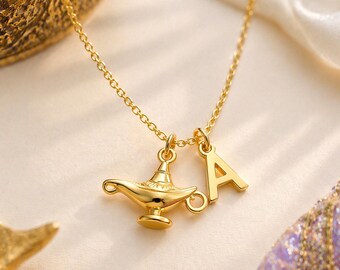 Colar personalizado com pingente de lâmpada de princesa, colar com inicial para meninas, colar com lâmpada de gênio, joias de princesa para crianças, colar com letra personalizada para presente.