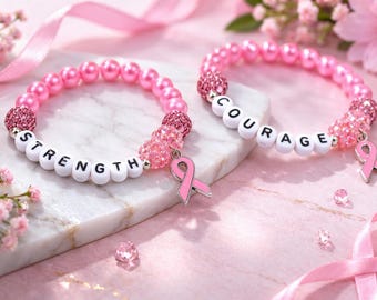 Personalized Breast Cancer Awareness Bracelet – Pink Ribbon Charm Bracelet – Cancer Survivor Gift – Strength Warrior Jewelry