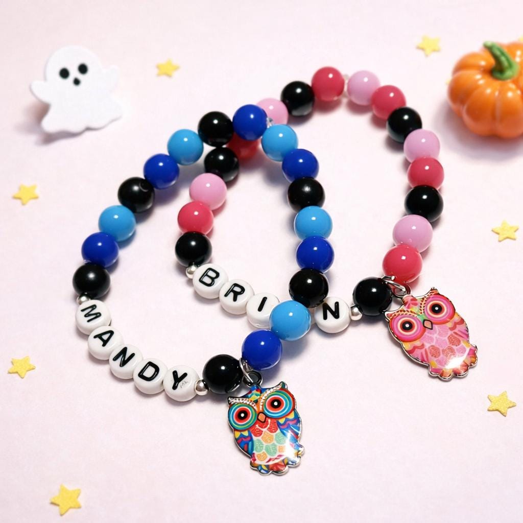 Personalized Halloween Owl Bracelet: Beaded Charm, Trick or Treat Gift