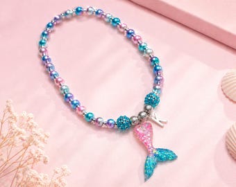 Colar de Sereia Personalizado, Colar com Inicial Infantil, Colar com Pingente de Cauda de Sereia, Joias de Praia para Meninas, Colar de Miçangas Personalizado, Lembrancinha de Aniversário