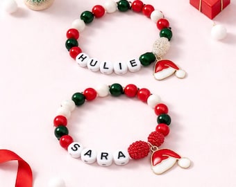 Personalized Santa Hat Bracelet, Christmas Charm Bracelet, Kids Name Bracelet, Holiday Gift, Stocking Stuffer, DIY Bracelet Kit