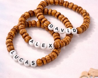 Personalized Wooden Name Bracelet for Boys – Natural Wood Bead Bracelet – Custom Kids Jewelry – Baby Boy Bracelet – DIY Kit – Party Favor