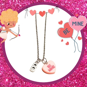 Personalized Be Mine Charm Necklace, Valentine&#39;s Day Initials Pendant, V-Day Party Necklace, Vday Favors, Valentine Jewelry, Love Gift