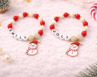 Pulsera personalizada de muñeco de nieve, joyería navideña con dije, pulsera con nombre, regalo navideño, detalle para calcetín navideño, recuerdo para fiesta de Navidad, kit para hacer pulseras.