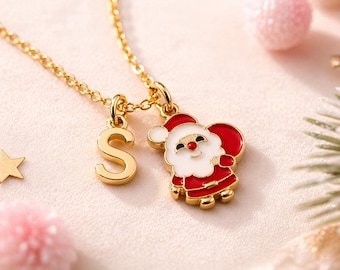 Colar personalizado com o Papai Noel, Colar com inicial natalina, Colar com pingente do Papai Noel, Joia de Natal, Colar personalizado, Presente perfeito para a meia de Natal
