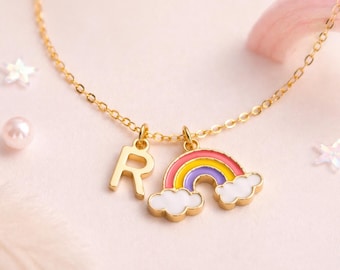 Colar Arco-Íris Personalizado, Colar com Pingente de Inicial para Meninas, Joia Arco-Íris Infantil, Colar com Nome em Aço Inoxidável, Lembrancinha para Festa Arco-Íris