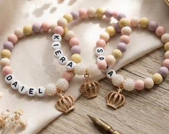 Personalized Princess Bracelet: Gold Crown Charm, Pink Pearl Beads