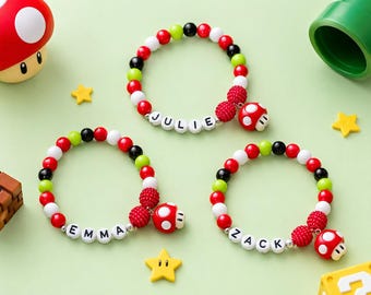 Personalized Gaming Bracelet, Mushroom Bracelet, Kids Name Bracelet for Girls Boys, Custom Beaded Gamer Bracelet, Birthday Gift, Party Favor