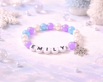 Personalized Snowflake Bracelet, Kids Name Bracelet, Winter Charm Bracelet for Girls, Frozen Inspired Jewelry, Custom Beaded Party Favor