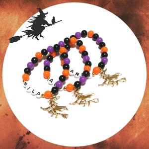 Personalized Halloween Witch Bracelet: Gold Charm, Orange, Black & Purple Beads (DIY Kit)