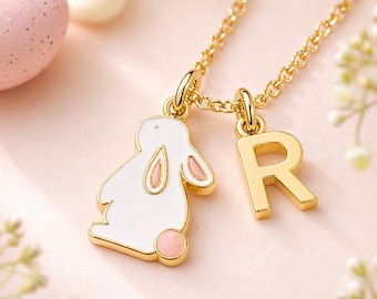 Colar personalizado com coelhinho da Páscoa, colar com pingente de inicial para meninas, colar de coelho, joia infantil de Páscoa, colar com letra personalizada, presente de Páscoa