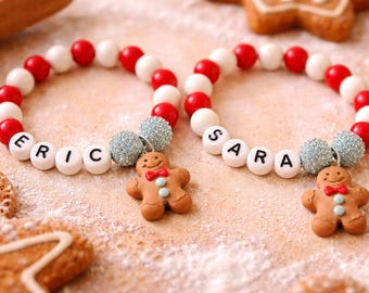 Pulsera de jengibre personalizada, pulsera con dije navideño, pulsera con nombre para niños, regalo navideño, detalle para rellenar calcetines, kit para hacer pulseras.