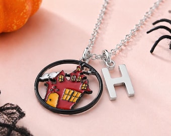 Colar personalizado de casa assombrada, colar de Halloween para crianças, colar com pingente assustador, joia de casa fantasma, colar com letra personalizada para presente.