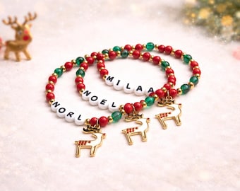 Pulsera de reno personalizada, pulsera con dije navideño, pulsera con nombre, regalo navideño, detalle para calcetín navideño, recuerdo para fiesta de Navidad, kit para hacer pulseras.