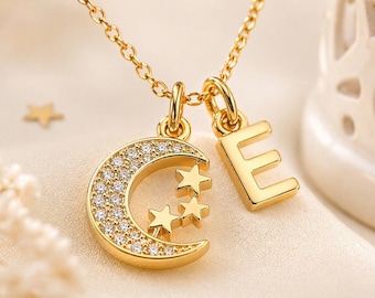 Colar personalizado para o Eid, colar com inicial de lua e estrela para meninas, joia do Ramadã, colar islâmico, colar infantil, presente com letra personalizada