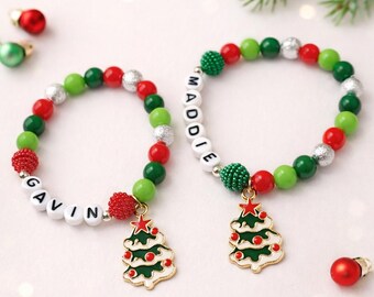 Personalized Christmas Tree Bracelet, Holiday Charm Bracelet, Kids Name Bracelet, Christmas Gift, Stocking Stuffer, DIY Bracelet Kit