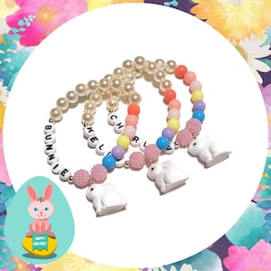 Personalized Easter Bracelet,Easter Kids Jewelry,Easter Basket Stuffer,Bunny Bracelet,Rabbit Charm,Easter DIY Kit,Egg Hunt,Kids Bracelet